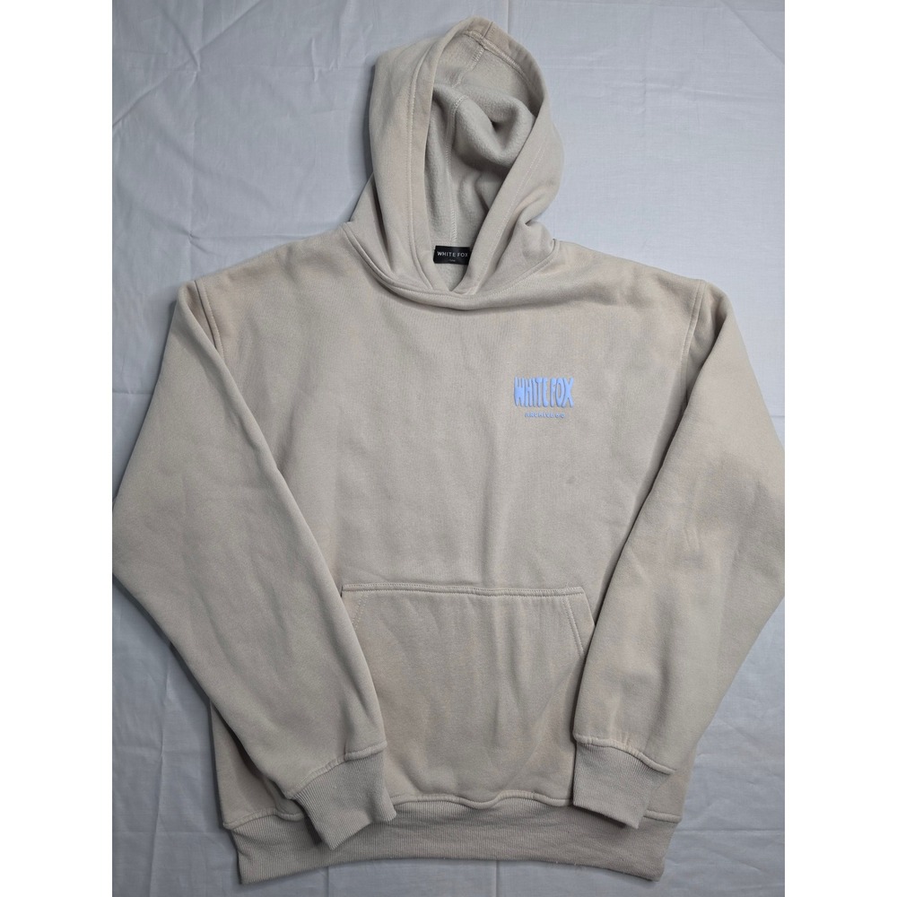 White Fox Hoodie Women S/M Beige Graphic Print Fleece Lined Long Sleeve Pullover